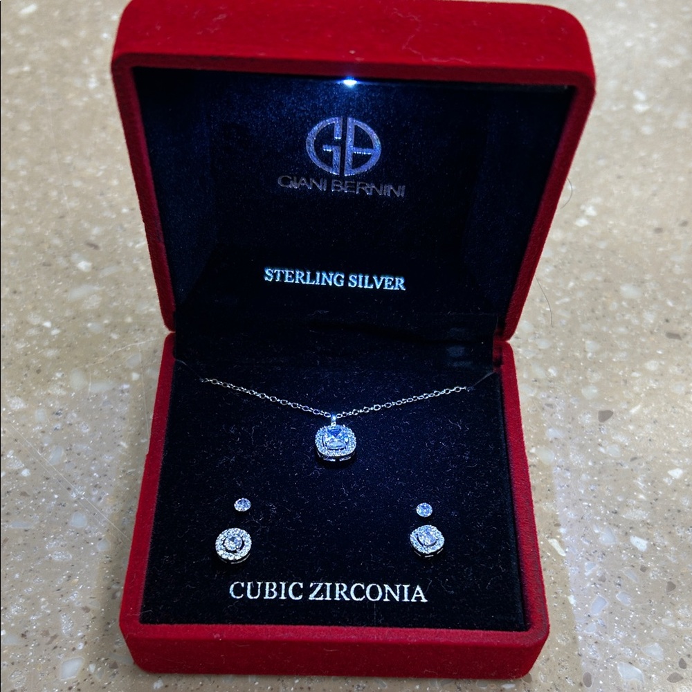 Giani Bernini Sterling Silver CZ Necklace And Earrings Set Brand New-MSRP:$125